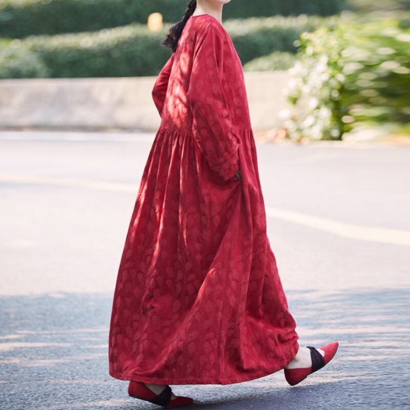 Ruby Textured Leaf-Pattern Gathered Gown S0371