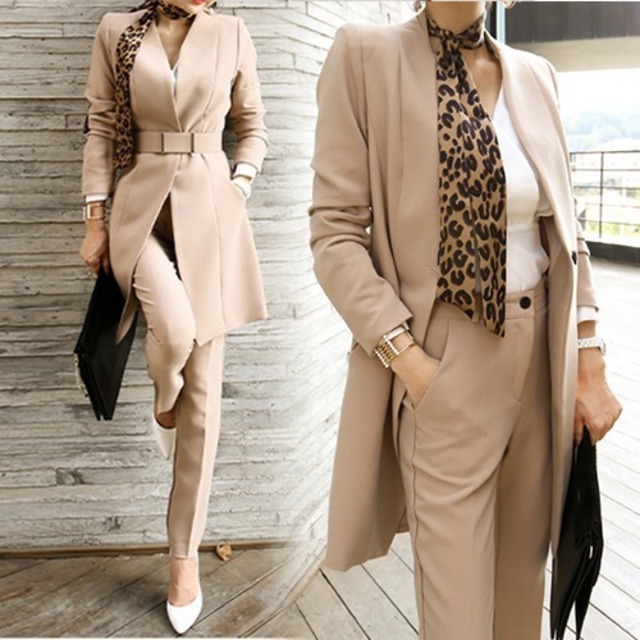 《SALE》 オフィスに 大人 ロングジャケットとパンツのセット★カーキ・L