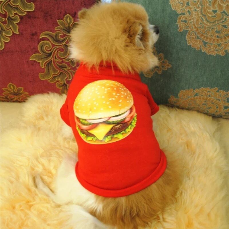 ハンバーガープリント バックプリント Tシャツ 赤 犬服 ドッグウェア