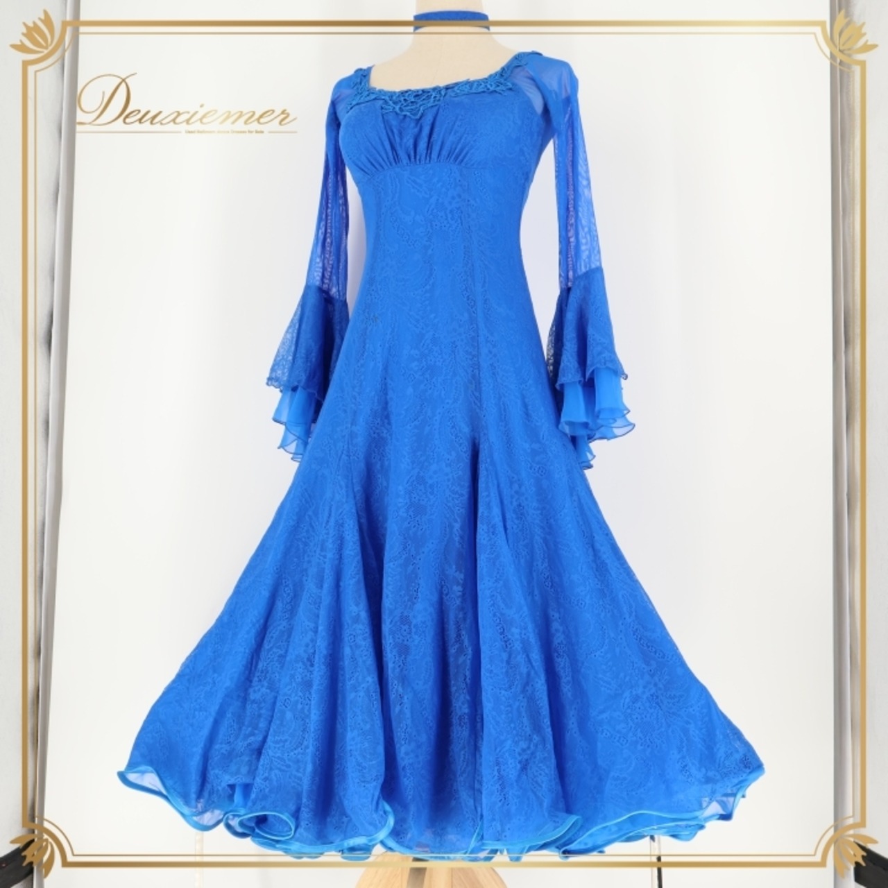 社交ダンス 衣装 セキネ SEKINE スタンダード ドレス ワンピース 青 フリル レース パーティ 発表会 ブルー系 大人用 コスチューム おしゃれ フェミニン エレガント 衣装発表会 パーティードレス スタイリッシュ 上品