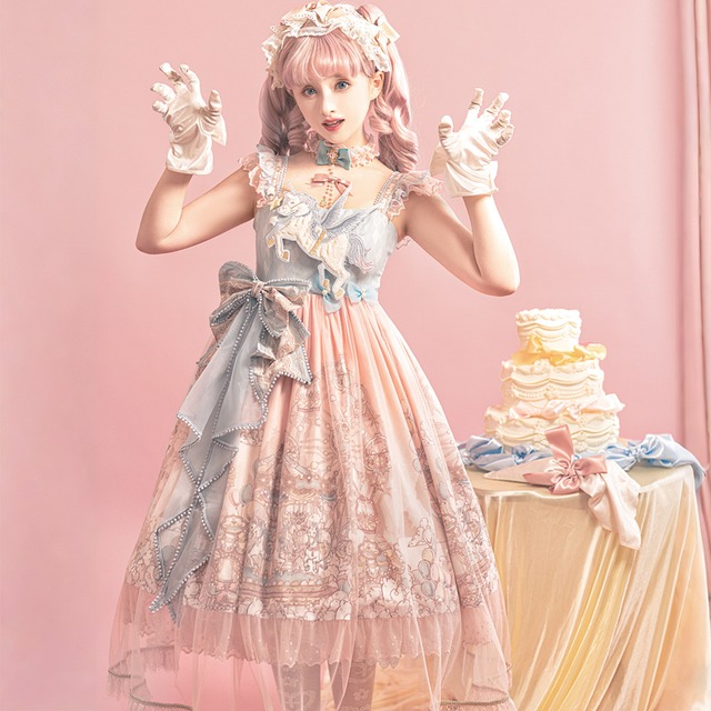 ロリィタ ワンピース ピンク ユニコーン プリント柄 お茶会 撮影会衣装