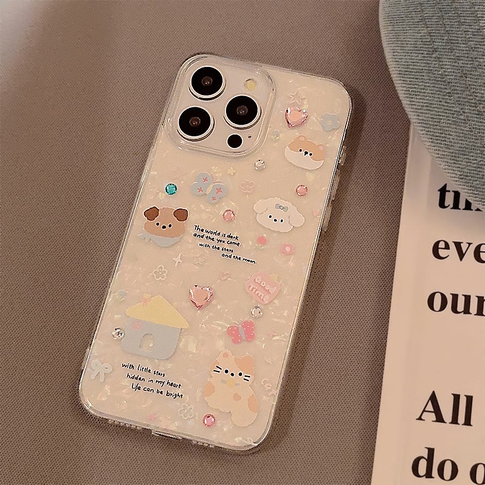 【iPhone17〜SEまで対応】かわいい犬猫イラスト◎癒し系 シェル クリアケース エアクッション ビジュー デコ 人気 透明ケース 韓国っぽ スマホケース ND-15240