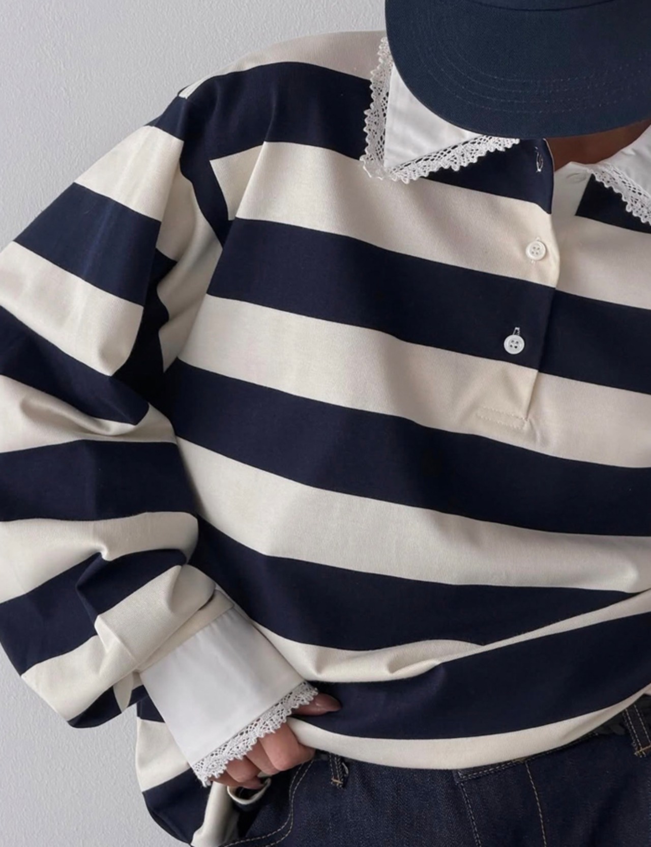 【新作5％OFF・3日間】Lace-collar Stripe Toips_3colors