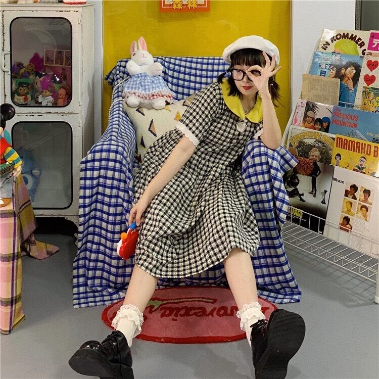 チェック 黄色 ブラック ギンガムチェックワンピース ゆったり