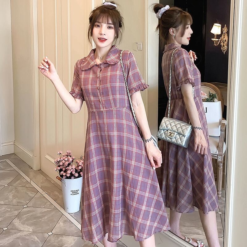 【新作】【送料無料】 マタニティウェア2020夏の新しい格子縞の人形の襟のルーズドレス小さな新鮮なミドル丈のマタニティドレス-アリババ サマー 夏物 expec24306776612