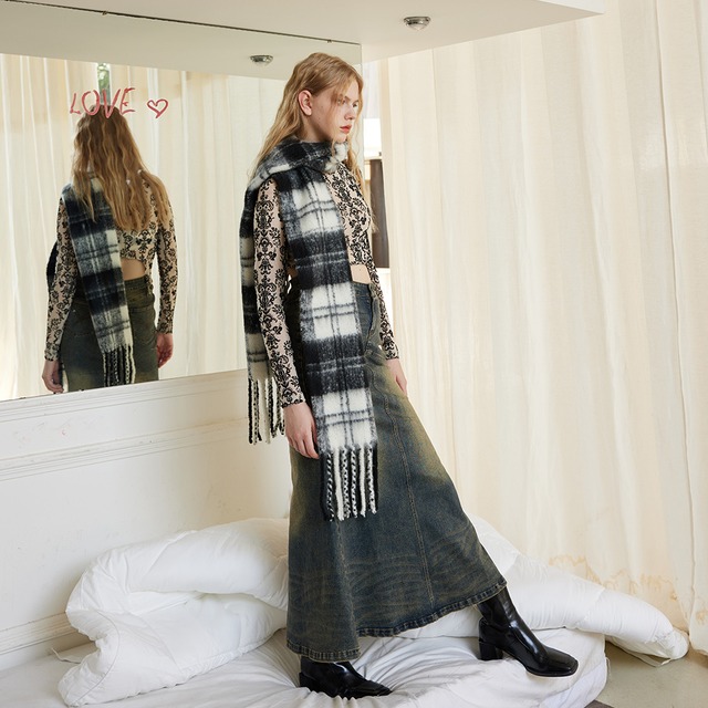 タータンチェック ロングマフラー ホワイト WT00016 タータンチェック ロングマフラー ホワイト WT00016