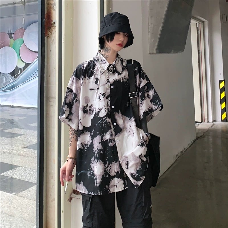 病みかわいい 水墨画 タイダイ柄 シャツ 夏物 闇系 ゴスロリファション