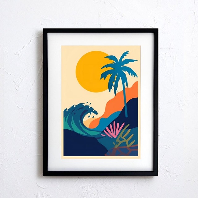 Sunset Palm Wave｜夕日とヤシが描く南国リゾートアートポスター｜波と太陽の彩りで空間を非日常に｜北欧モダン｜A4ポスター