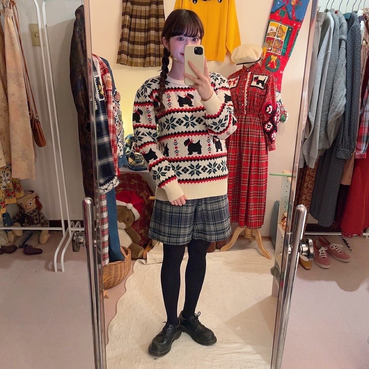 gold button blue check pants