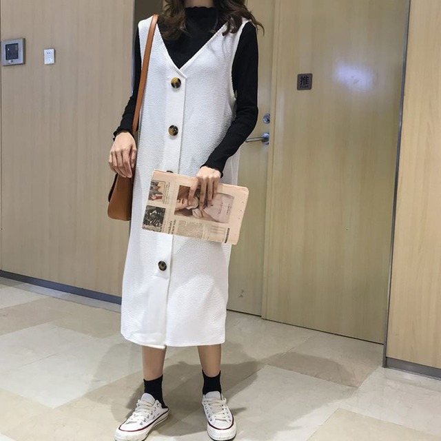 18秋新作レディースニットベストワンピース 3色 ｖネックスイート着痩 カットソー 韓国スタイル Cn116 ワンピの里