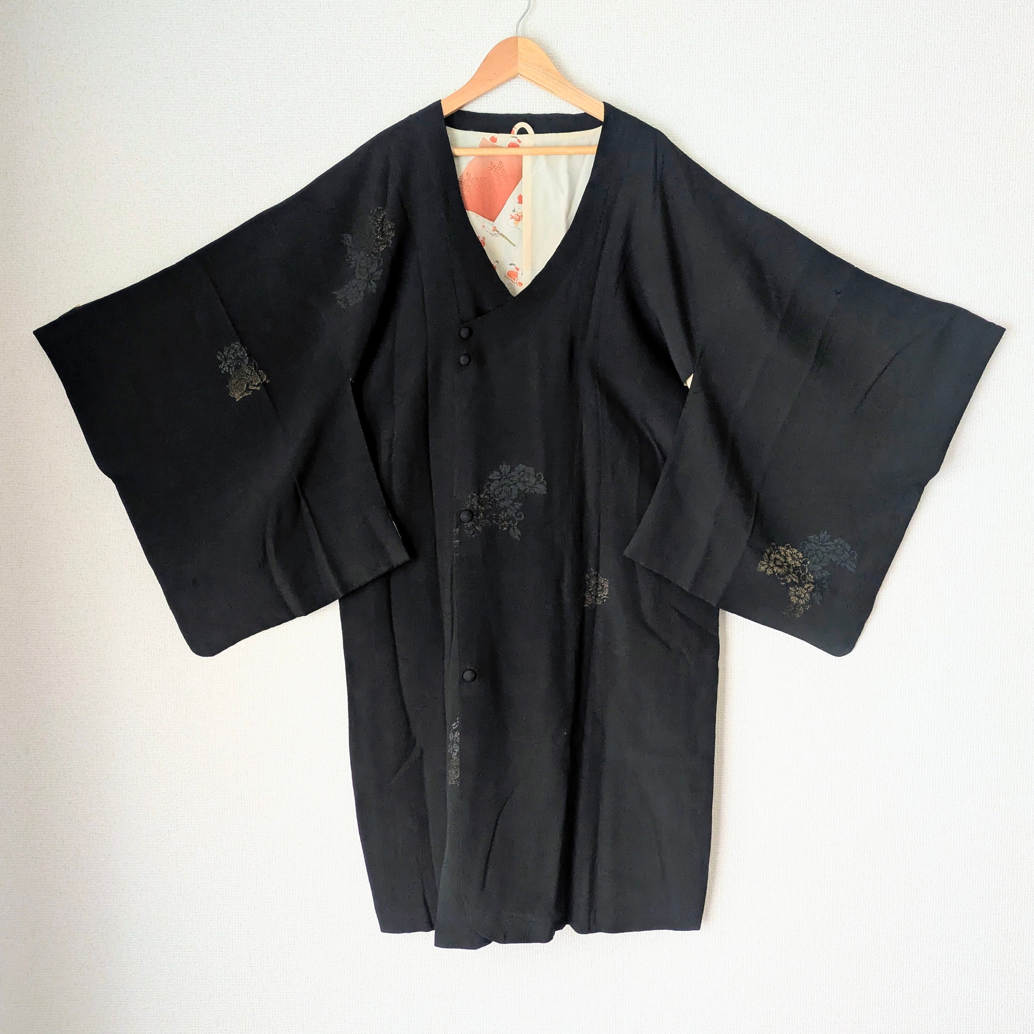 Vintage】HAORI 羽織 正絹 道行コート 雨ゴート 黒 寿光織 兎柄 大正