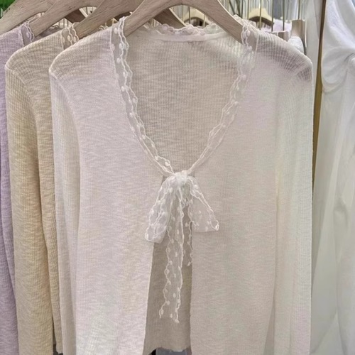 2色／レースリボンシアーニットカーディガン ・70573