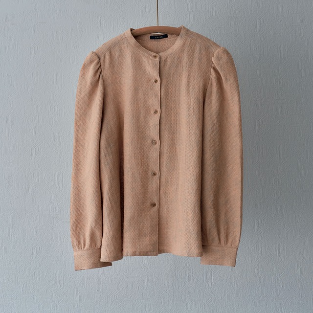puff sleeve shirt／wool linen jacquard〈tan×blue〉