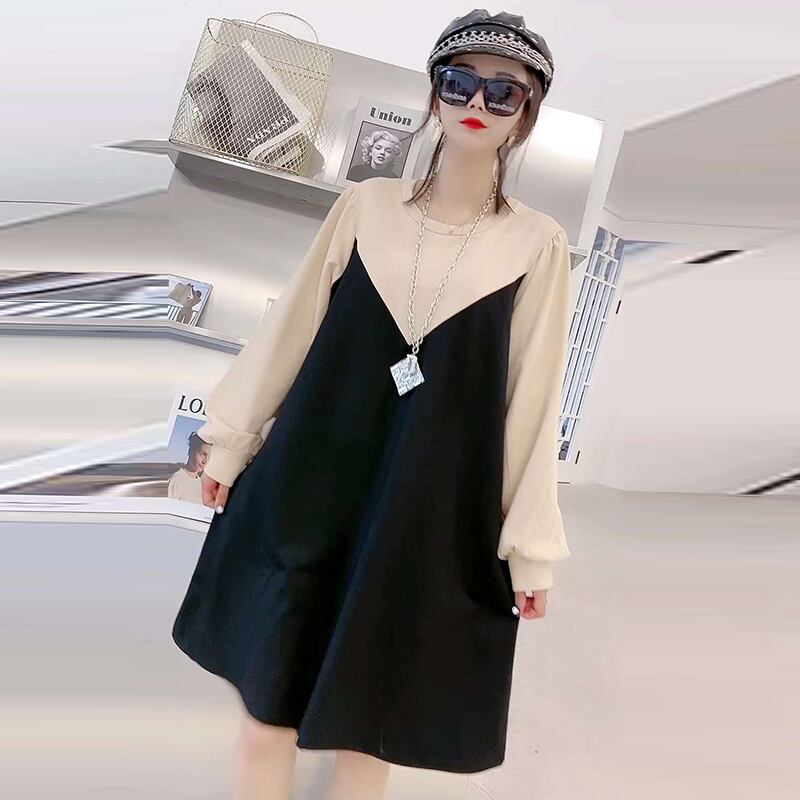 プラスサイズの女性のウエストとスリムなデザインの気質スカート2020新しい秋の潮の脂肪mmカラーブロックドレス ミックスインファッション70154510639