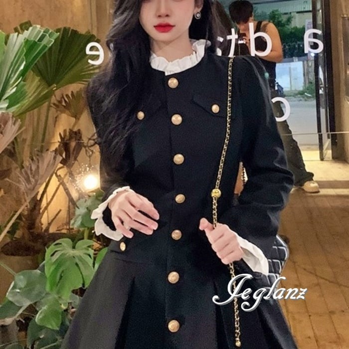 2色 ワンピース ドレス 異素材 レース 立ち襟 ボタン フレア ミニ( M8467)γα