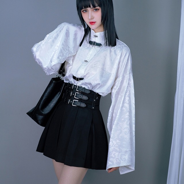 【即納M】 ゴスロリ ミニスカ プリーツ 3連 バックルベルト 台形スカート