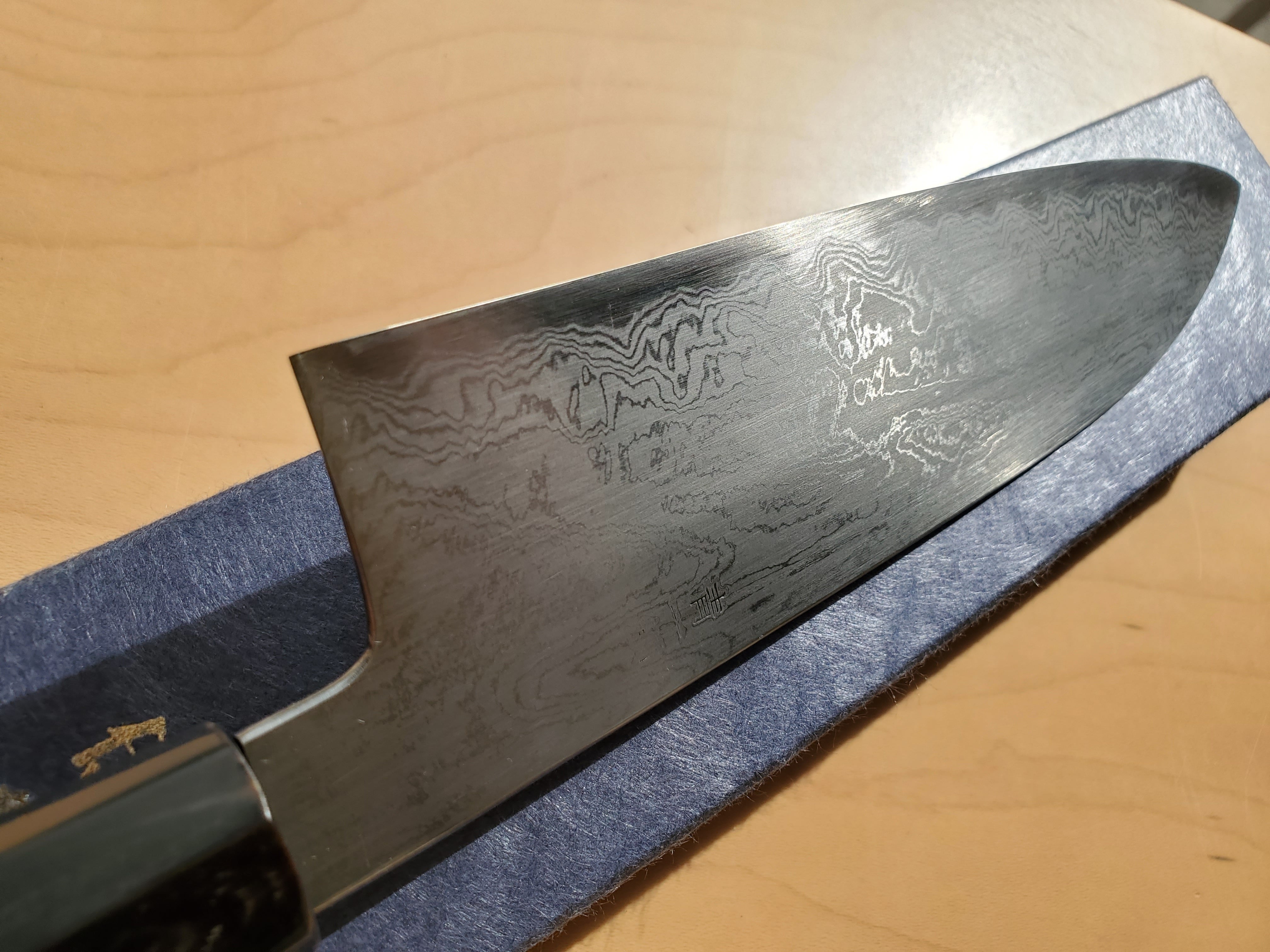 鍛冶白木健一】両刃文化包丁 青一 墨流し（ダマスカス） 6寸 水牛角
