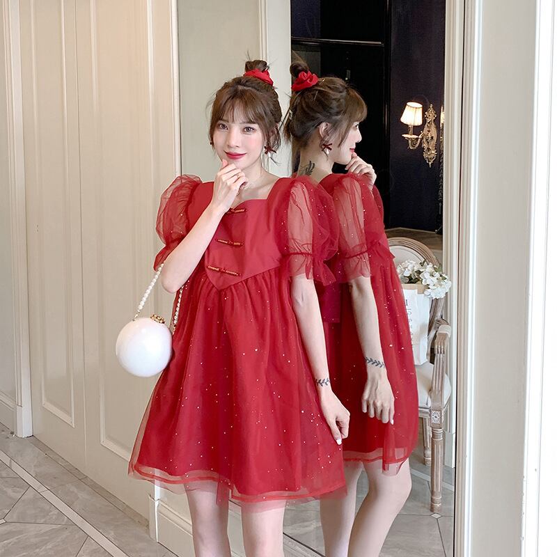 【新作】【送料無料】 マタニティウェア2020夏の新しいメッシュステッチVネック年齢削減ドレスファッションミドル丈トレンディなマタニティドレス-アリババ サマー 夏物 expec289763533036