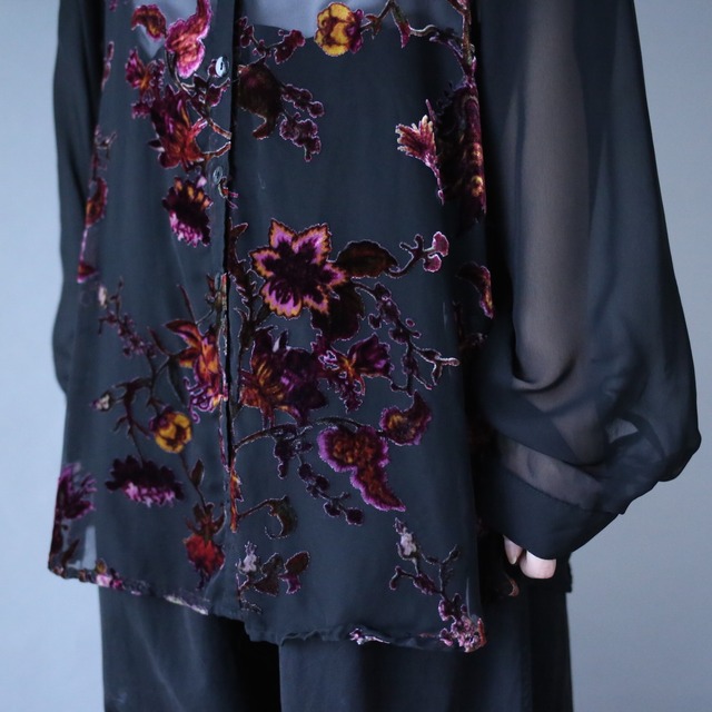 flower velours pattern loose black see-through shirt