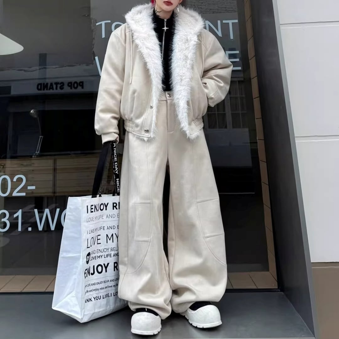 ファートリムフーデッドブルゾン&パネル切替ワイドパンツセットアップ 2カラー D12132