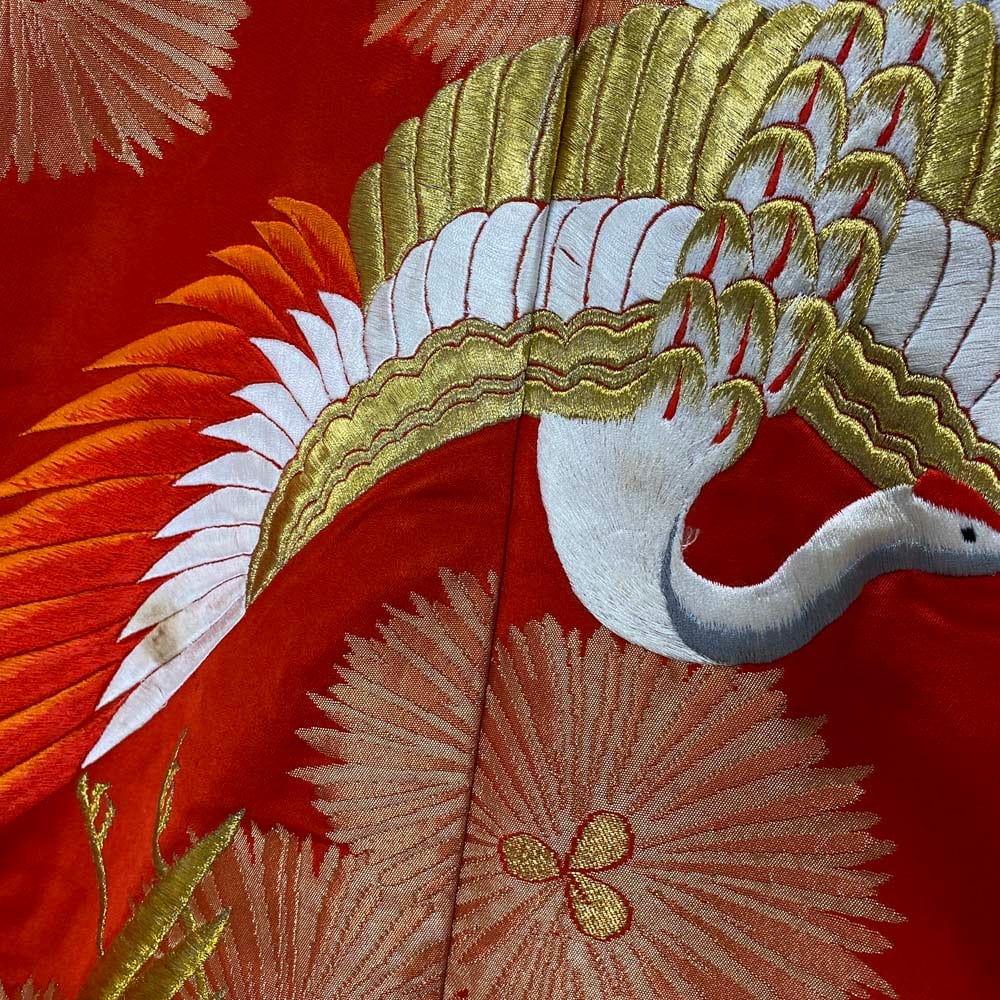 色打掛 正絹 鶴 刺繍 赤 橙 打掛 花嫁衣裳 婚礼 リサイクル 中古 ブライダル ウエディング 着物 4921 色打掛 正絹 鶴 刺繍 赤 橙 打掛 花嫁衣裳 婚礼 リサイクル 中古