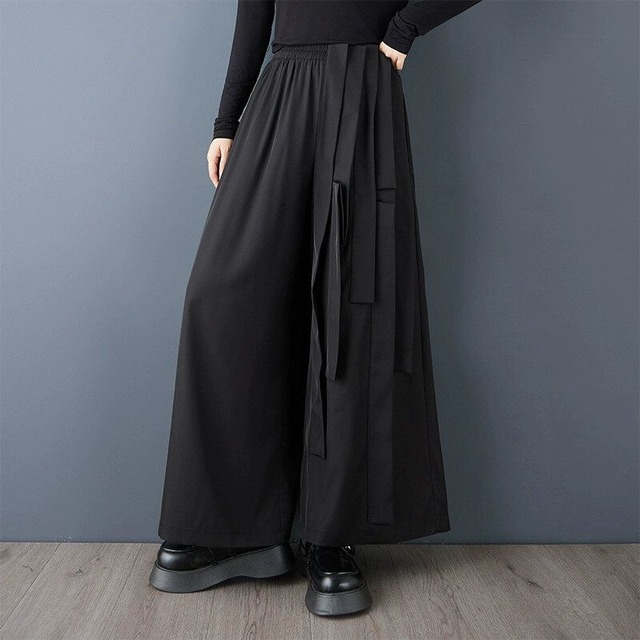 BLACK ELASTIC WAIST WIDE LEG DESIGN PANTS 1color M-15189