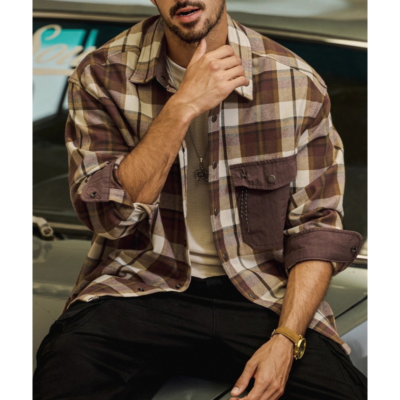 Checked Pattern Button-Down Long Sleeve Shirt ◇H0823