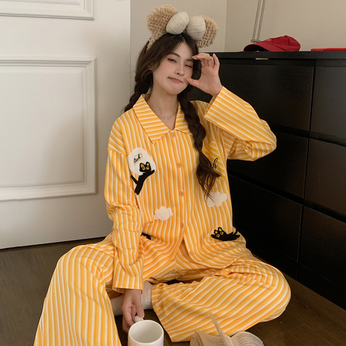 春秋用 パジャマ 上下セット K T猫 レッドチェック ナイトウェア かわいい 可愛い レディース コットン ルームウェアセット ID3890