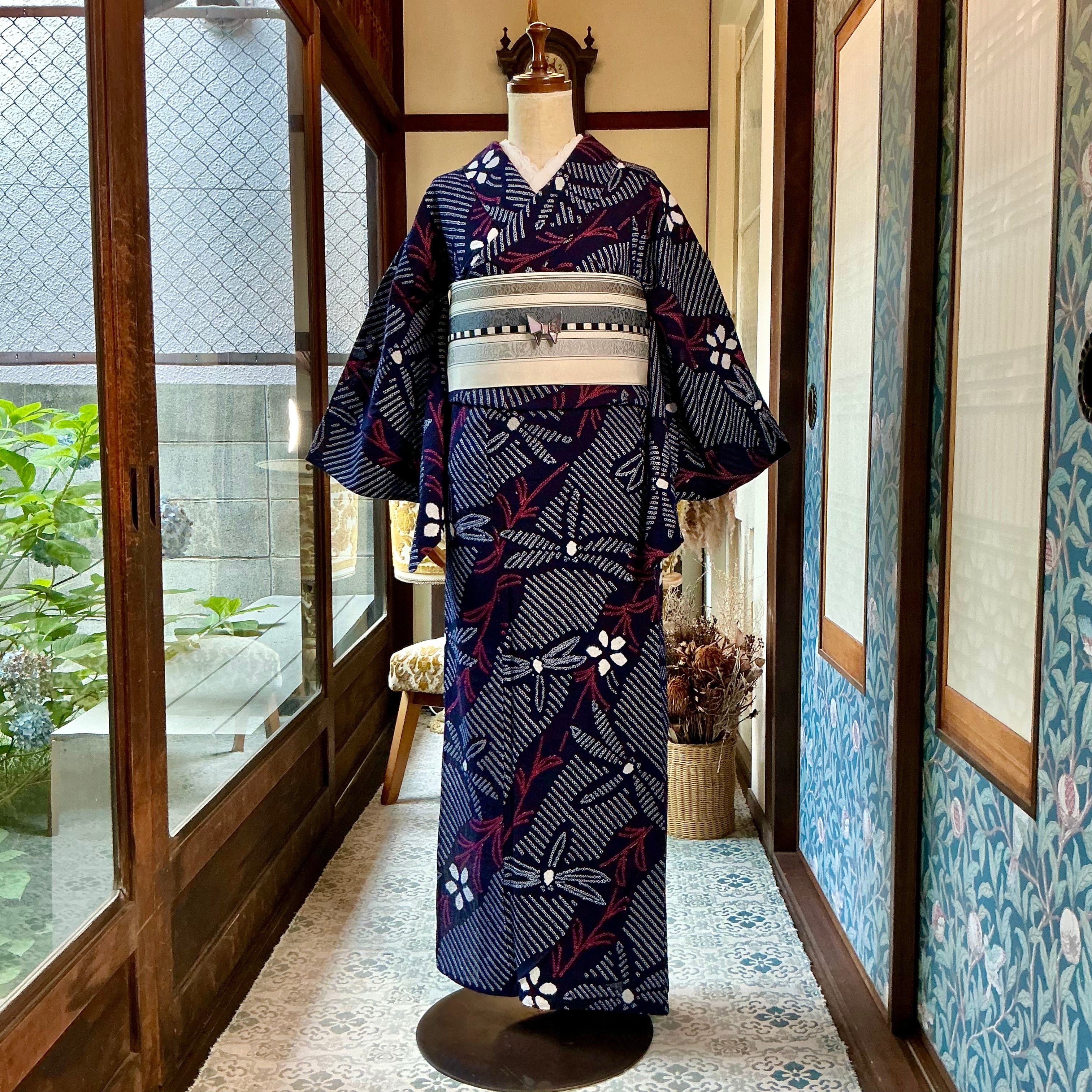 Japonisme Riverside＊とんぼ 花 藍 紺 ネイビー 大人浴衣 有松鳴海