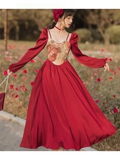 【0111】Heart Neck Red Vintage Long Sleeve Dress