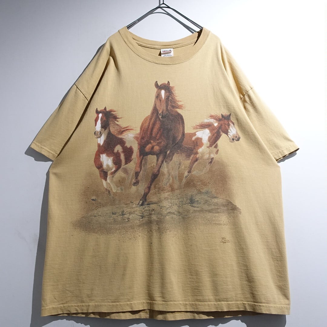 00s "anvil" Beige Horse Double-Sided Print Animal T-Shirt