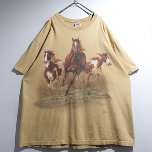 00s "anvil" Beige Horse Double-Sided Print Animal T-Shirt