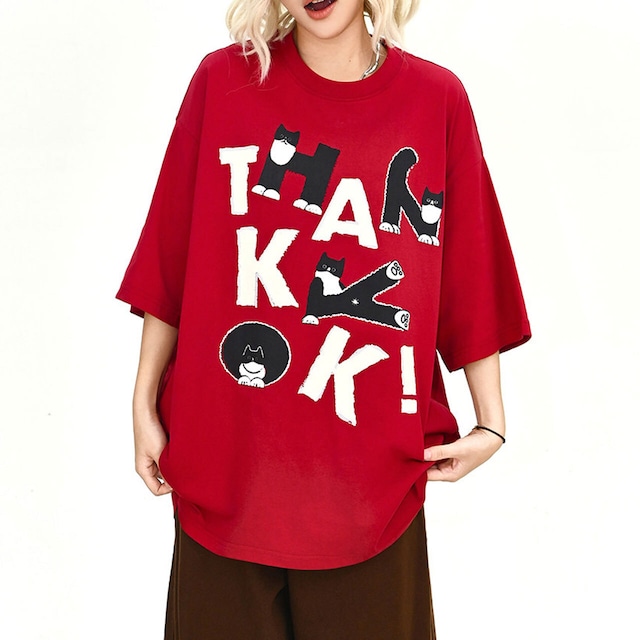 キャットタイポグラフィボリュームシルエットTシャツ 2col   R02201