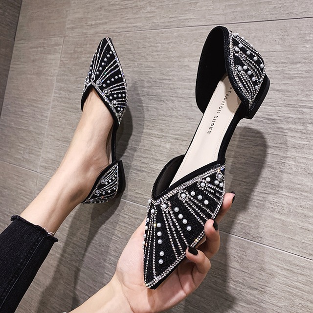 シングルサマーラインストーンパールスクープ 靴 シューズ 夏物 真珠 フェイクシューズ3713552543