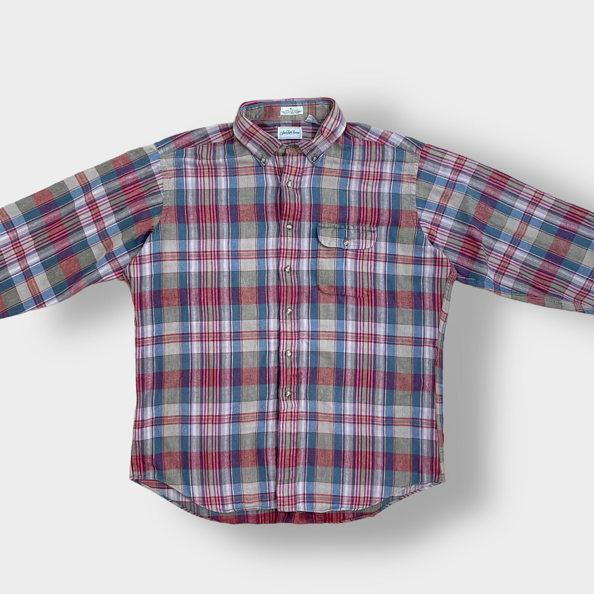 メルトン 70s ヴィンテージ USA製 チェック 長袖 シャツ L 赤系 melton