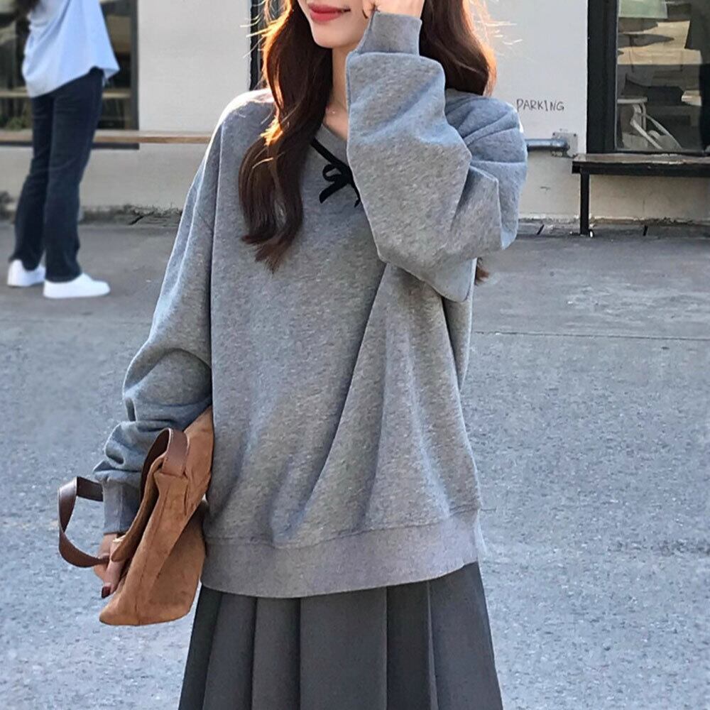 【送料無料】 スウェット シャツ 長袖 リボンネック レディース 春秋冬 韓国 おしゃれ 大人 カジュアル ゆったり シンプル Vネック 体型カバー 大人可愛い 大人女子