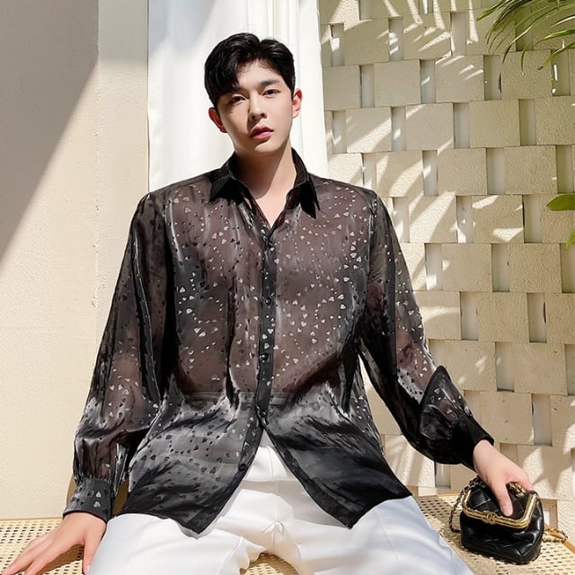 予約販売】シャツ 長袖 透け感 肌見せ シアー メンズ グレー 模様 総柄