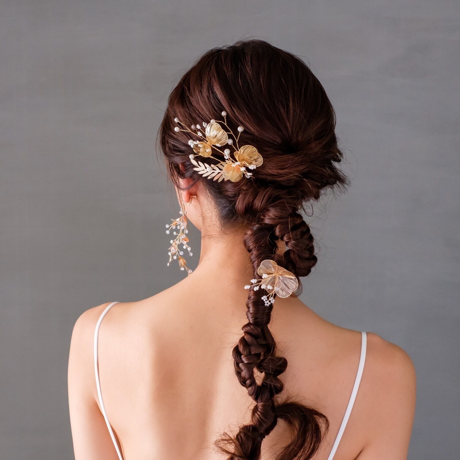 H-202 ウェディング アクセサリー【フラワー ペタル & リーフ 2P ヘッドドレス】ブライダル 髪飾り