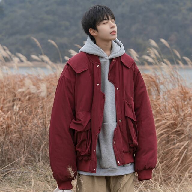 【予約販売】ブルゾン MA-1 アウター アーミー ジップアップ 無地 ツートン シンプル ブラック ワイン 防寒 ジャケット ベーシック メンズ カジュアル 男前 こなれ感 お洒落 韓国 トレンド 秋 冬 M/L/XL/2XL