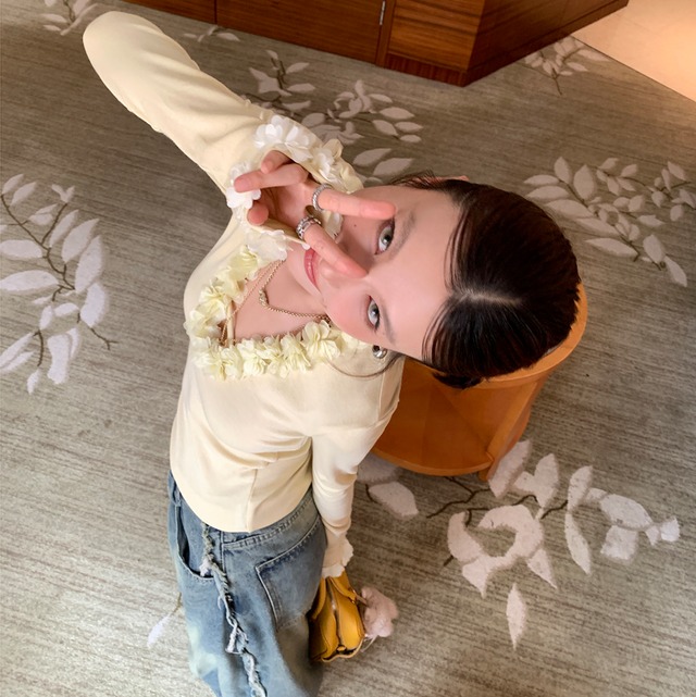 フラワー Vネックロングスリーブ トップス_LN03700