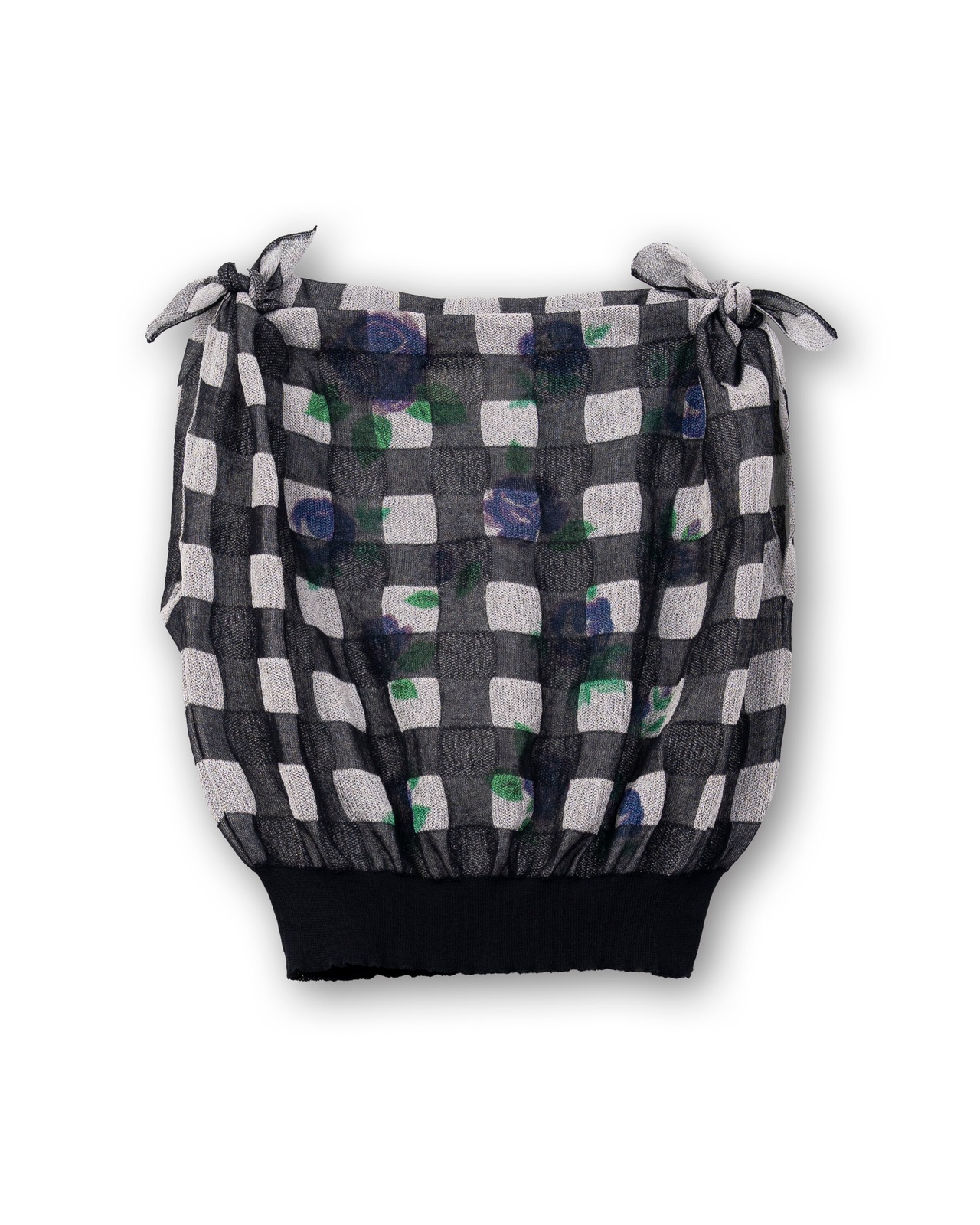 TAN/26SS-16 FLOWER PRINTED GINGHAM KNIT TOP NAVY