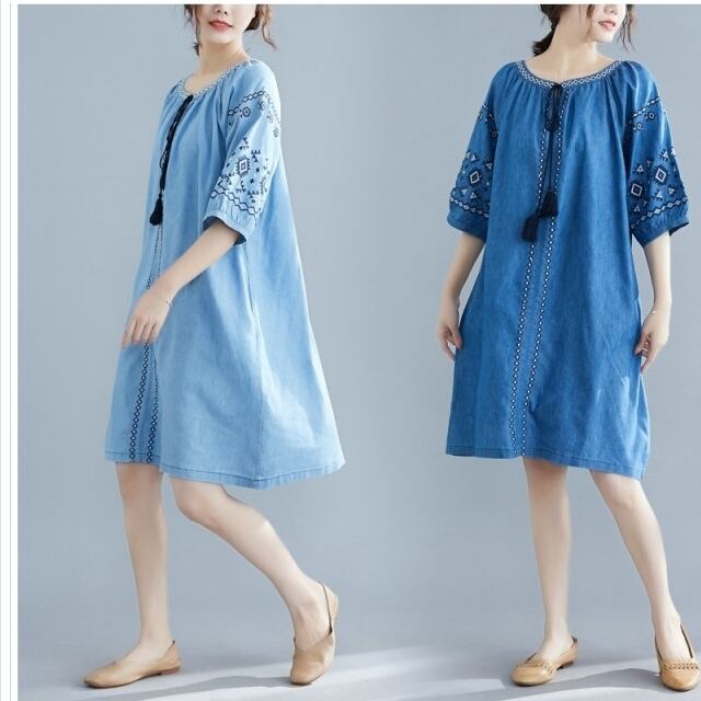 ワンピース 2色展開 刺繍 ワンピース パフスリーブ ワンピース ナチュラル ワンピース デニムワンピース リンネル系 森ガール ワンピース Basecamp49