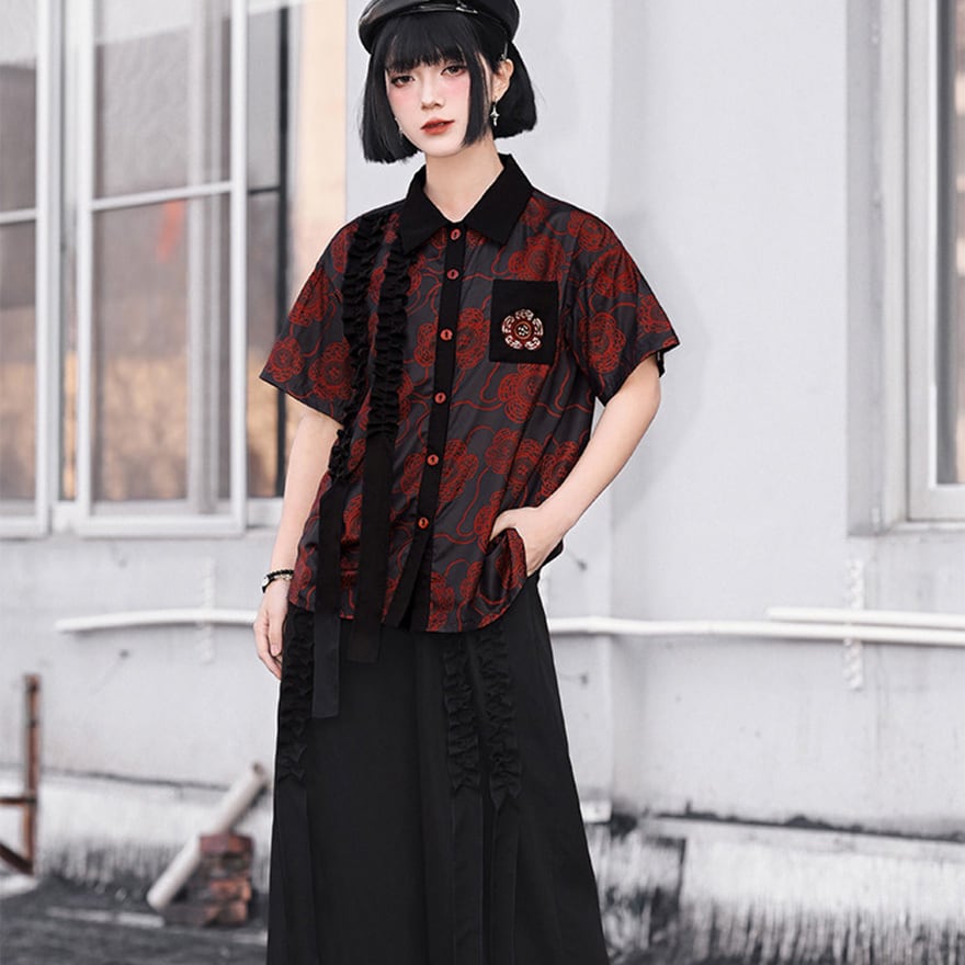 ゴスロリ中華風半袖シャツ 黒赤花柄リボン付きサブカル推し活服
