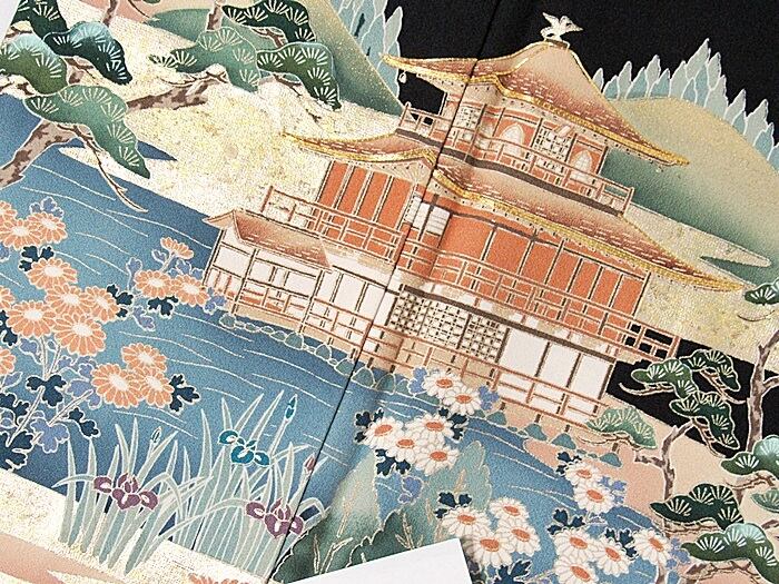 黒留袖】正絹/胴裏・比翼(化繊)/鹿苑寺(金閣寺)/刺繍入り