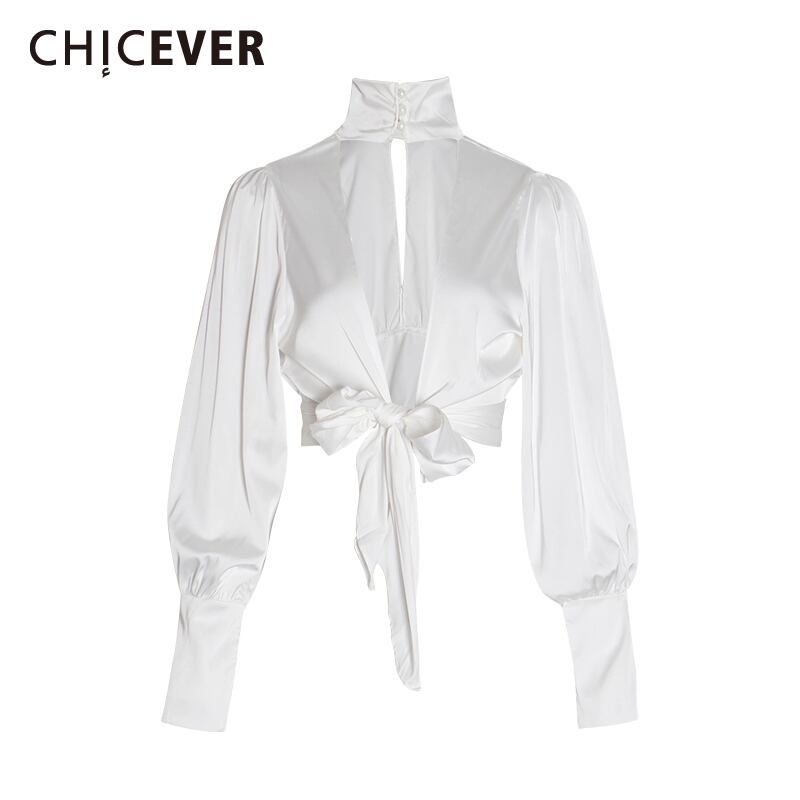CHICEVERセクシーなサテンの蝶結びシャツ女性タートルネックランタンスリーブ包帯ショートブラウス2020年秋 リボン オータム 秋物 6base517342692038