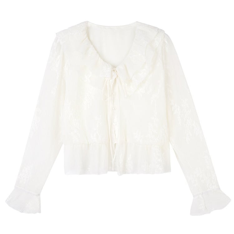 Frill embroidered jacquard chiffon blouse 00300