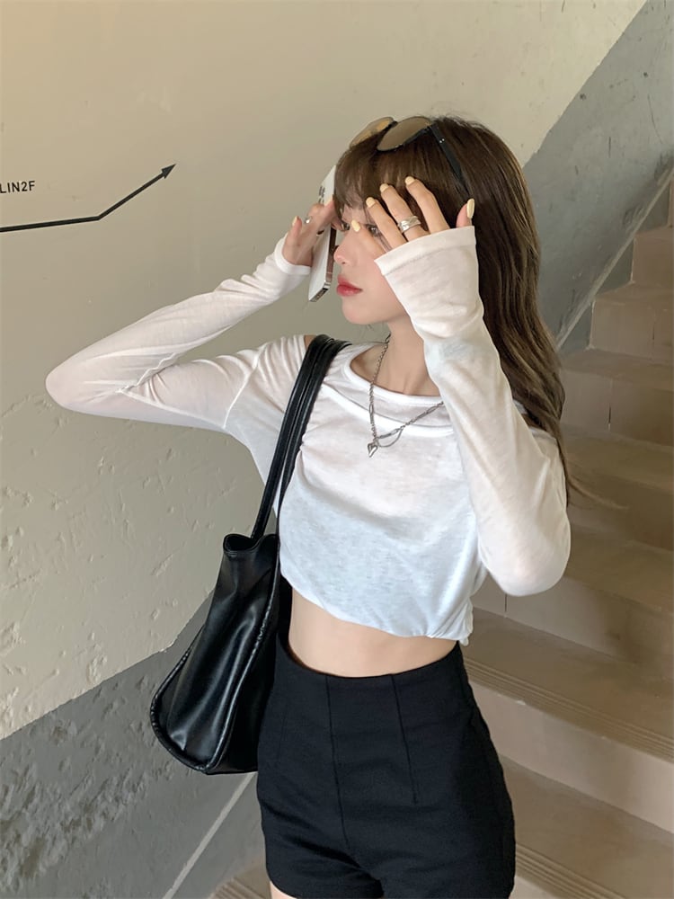 スリム薄手サマーホワイトカジュアルトップス ロング シャツ 夏物 Tシャツ モンロー15598459563