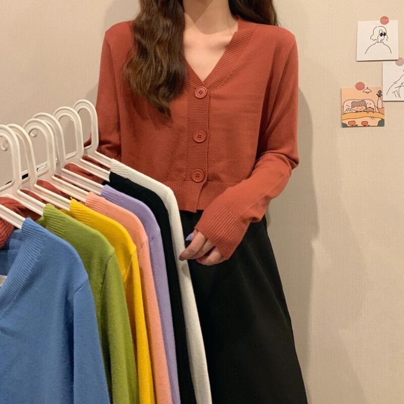 スプリングカーディガンセーター ジャケット ニット 薄手Vネック長袖スリーブショートトップス ロング 春物 1号婦人66467374678