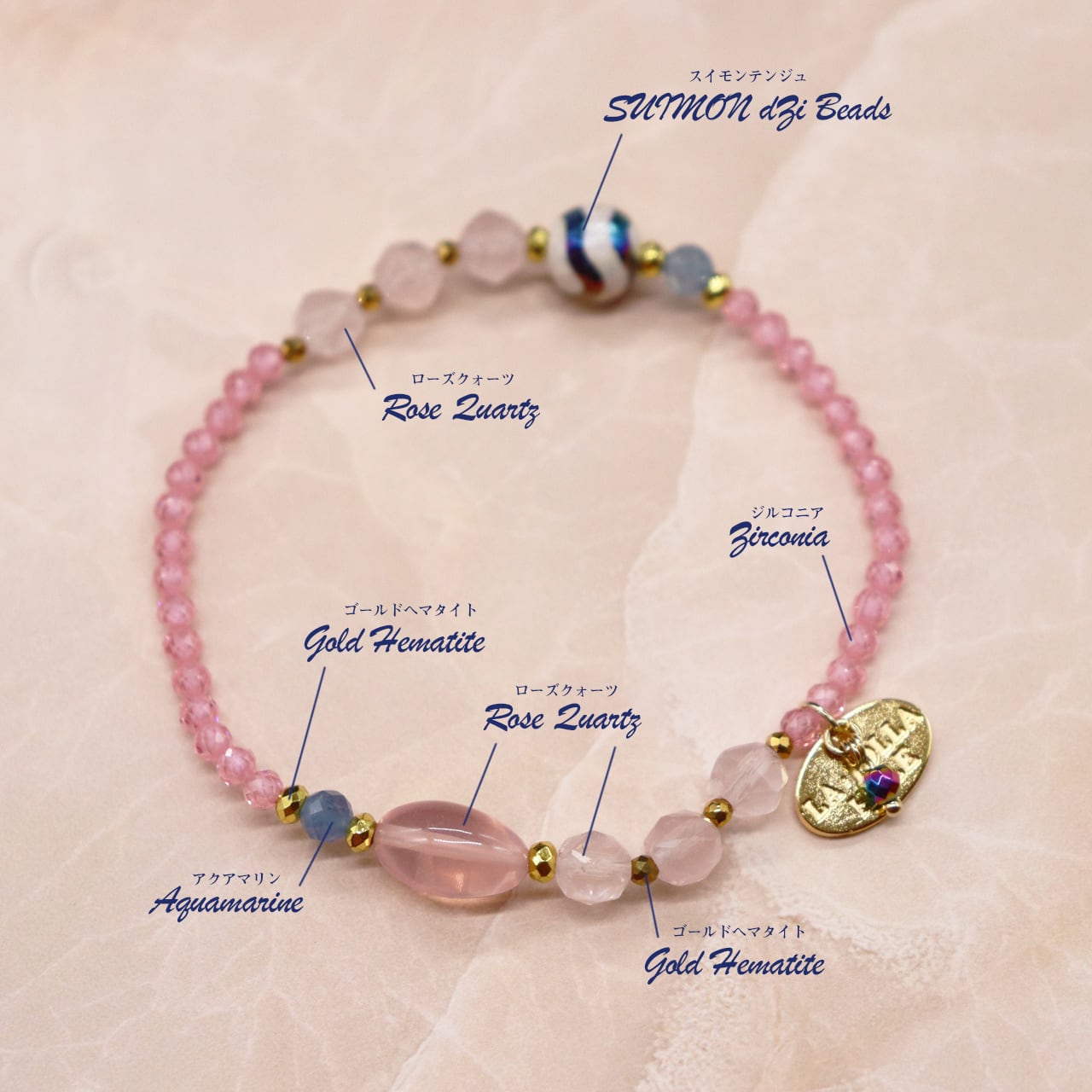Blooming Pink Roses】水紋天珠×ローズクォーツ×ジルコニア×アクア