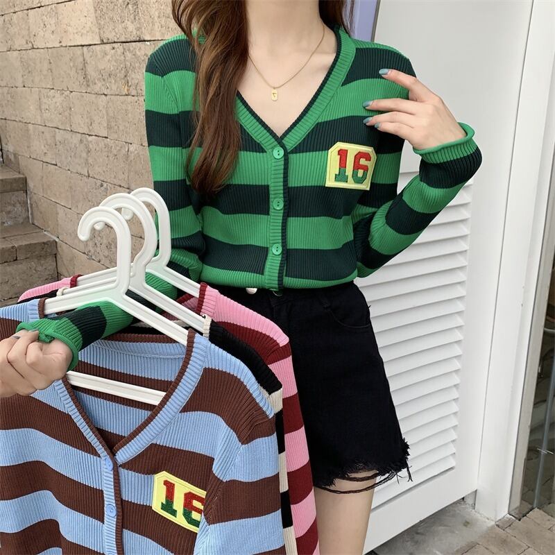 セーター カーディガンジャケット スプリングオータムルーズVネックストライプトップス ロング 春物 秋物 1号婦人7784689125